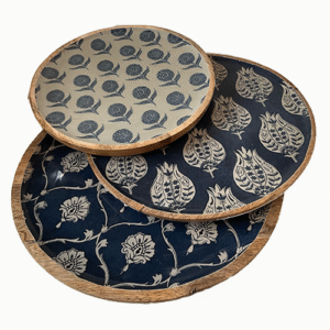 Olive Grove Enameled Mango Wood Trays with Floral Blue Pattern